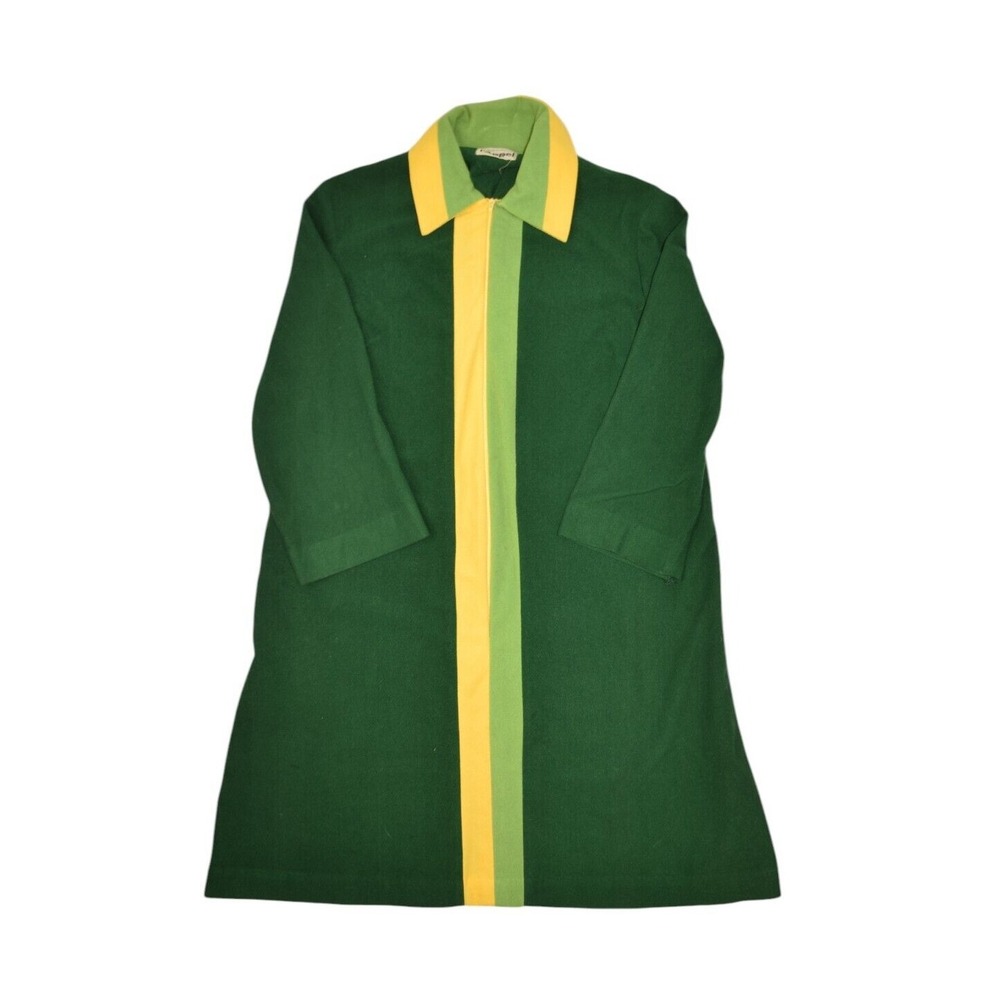 Vintage 60s I Appel Green Striped House Dress Robe Collared Felt Lounge Medium
